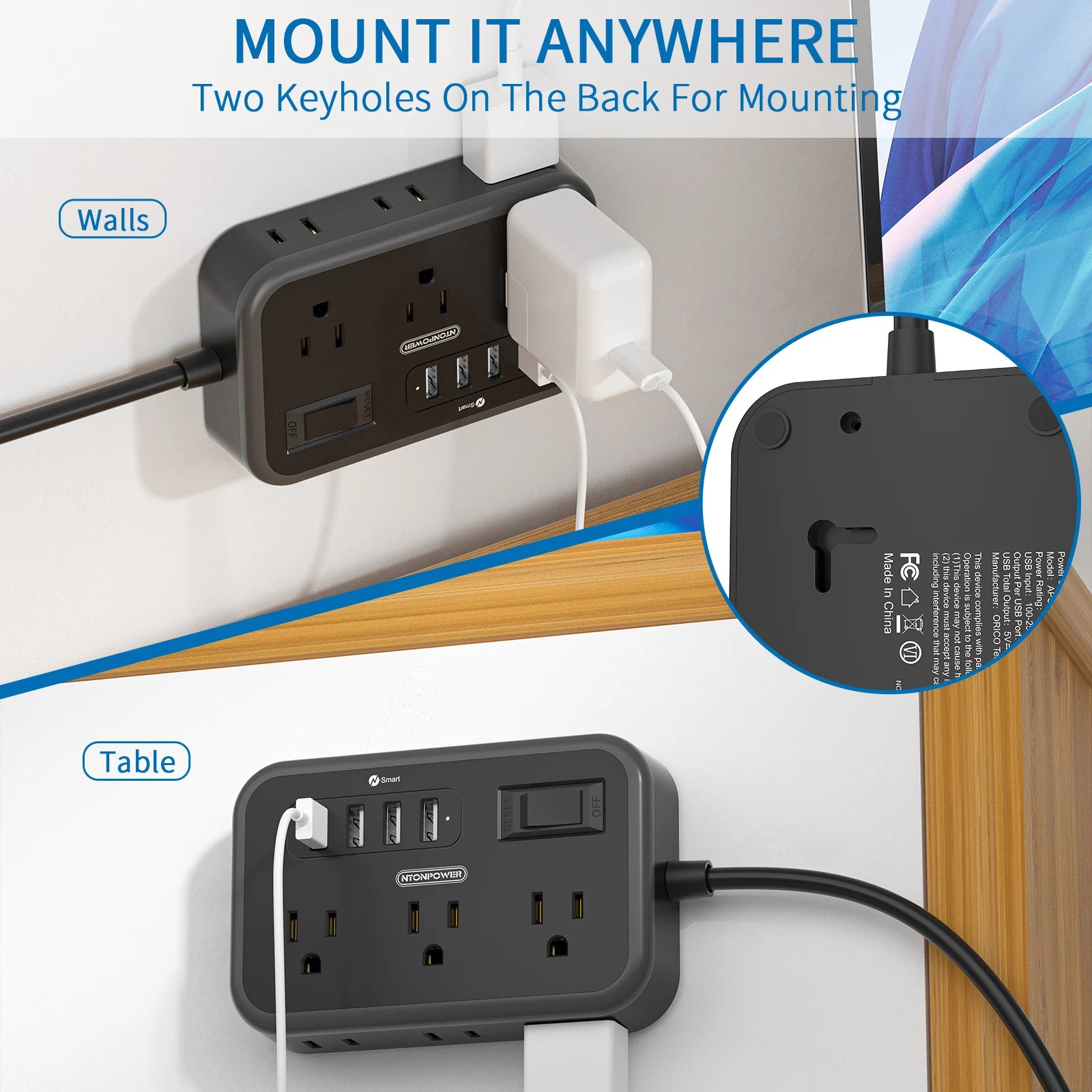 6-Outlet Power Strip with 4 USB Ports 15.5W Fast Charge & 15FT Extension Cord Surge Protector & Network Filter US Plug 100-240V