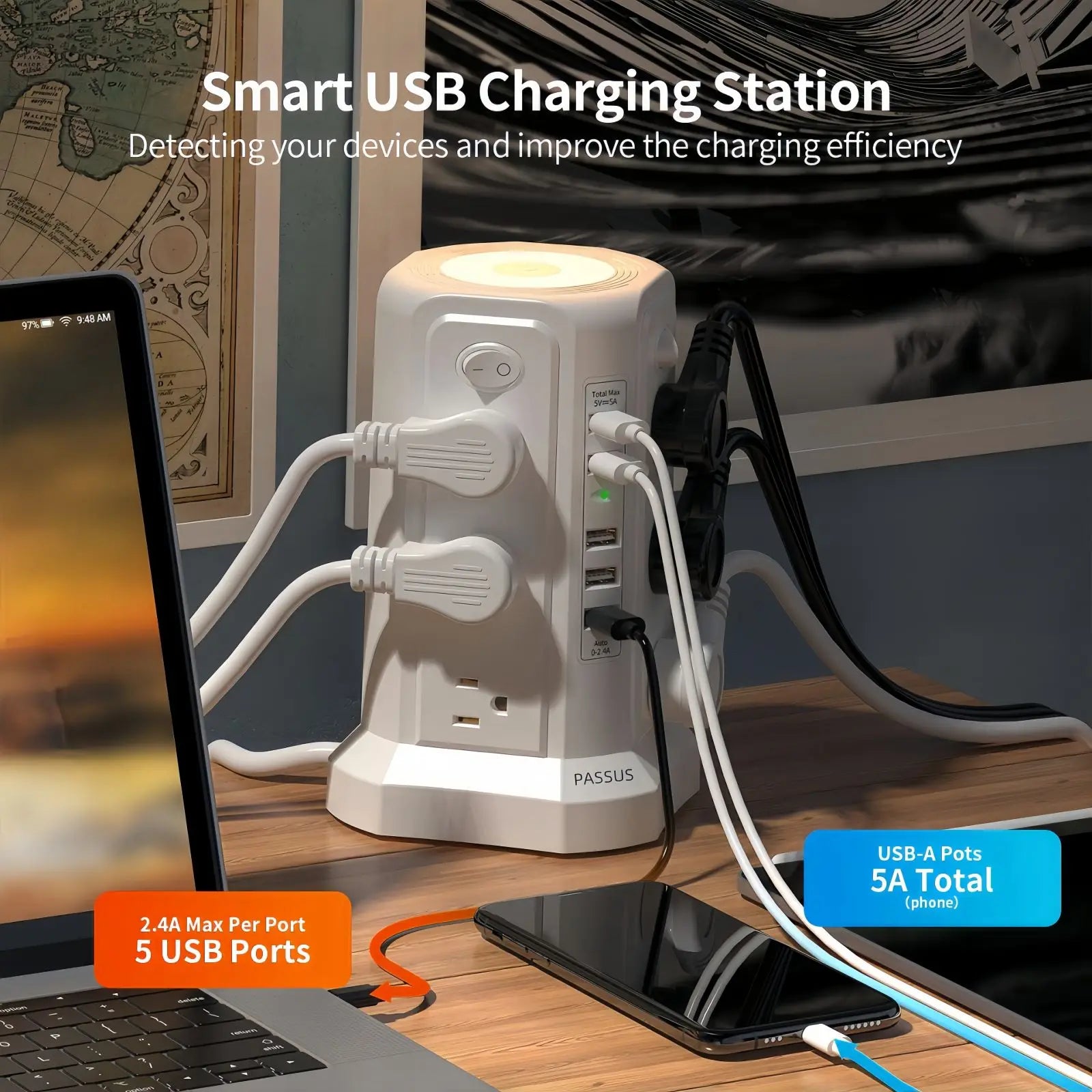 Passsus Power Tower Surge Protector with USB Night with 5 USB, 3M extension cable with 12 AC, suitable for office and home
