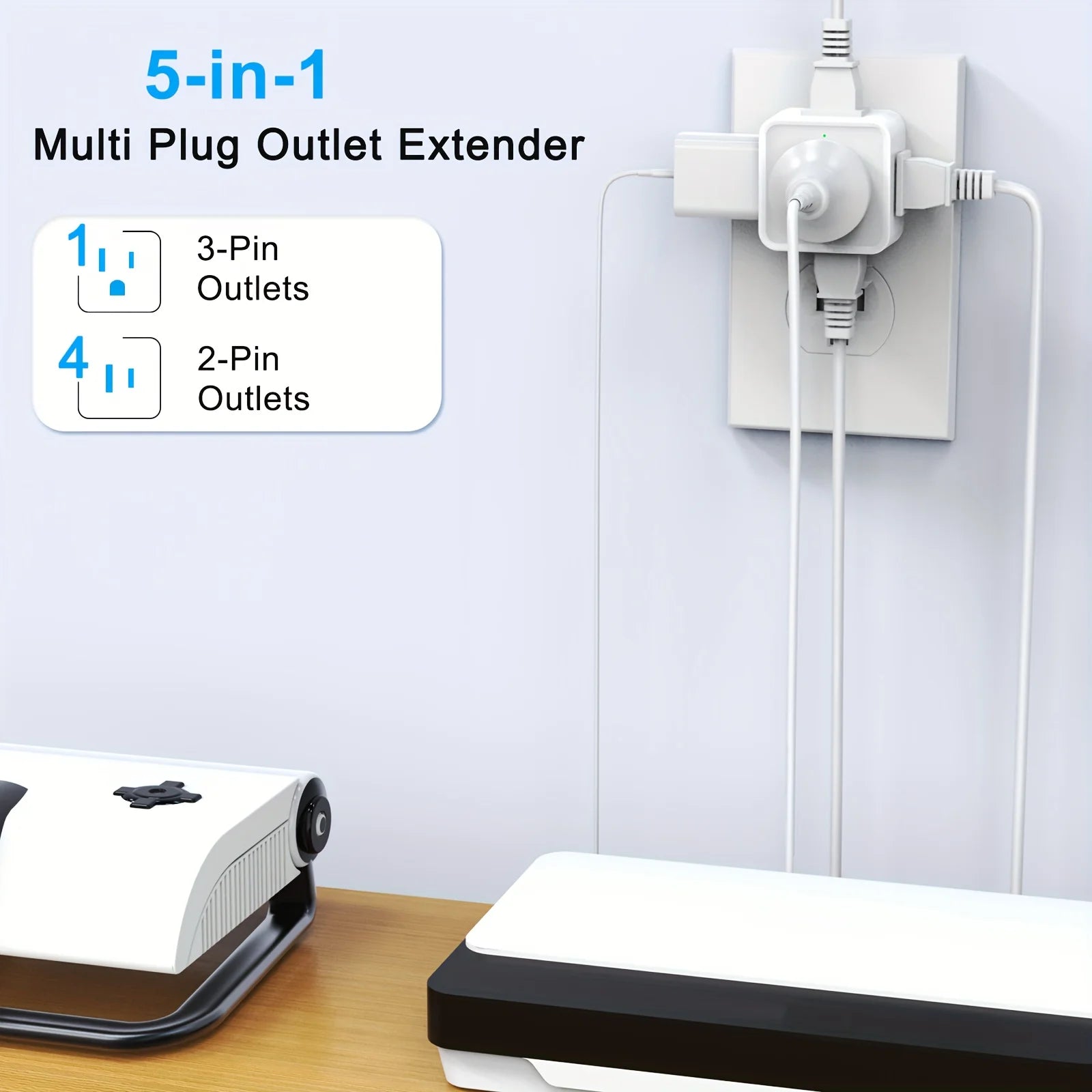 US Plug Multi Tap Universal Power Strip Wall Outlet Extender 5 AC Outlets,Small Electrical Socket Splitter Travel Home Office
