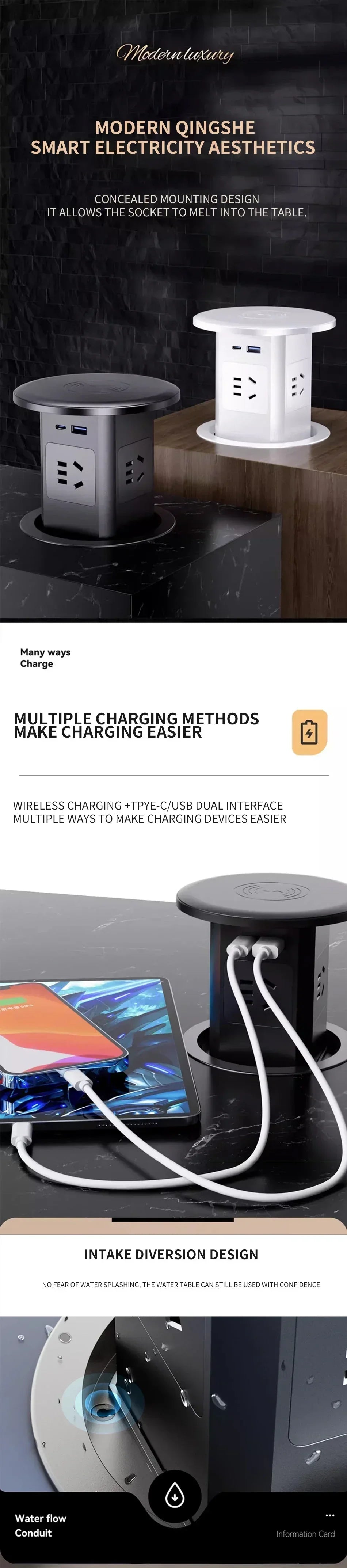 Intelligent Hydraulic Pop-Up Socket: Universal Plug, USB, Wireless Charging