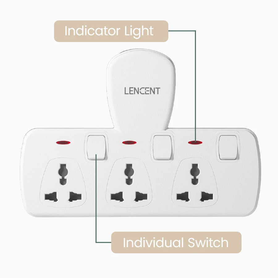 Lencent electrical plug with labeled indicator light and individual switch on a white background