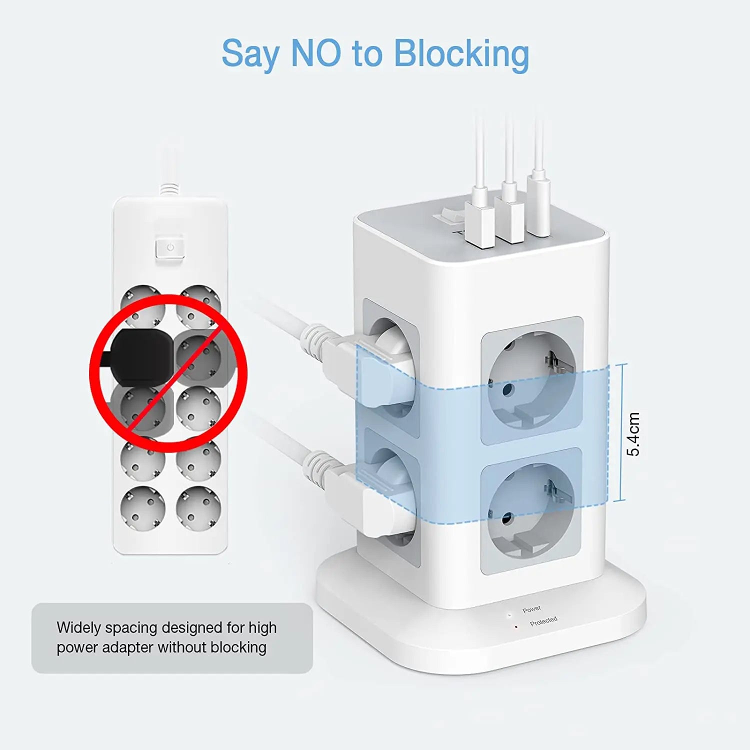 1-TESSAN Tower Power Strip Multi Outlets with 2 USB +1 Type C 2M Extension Cable EU Plug Vertical Electric Socket Surge Protection