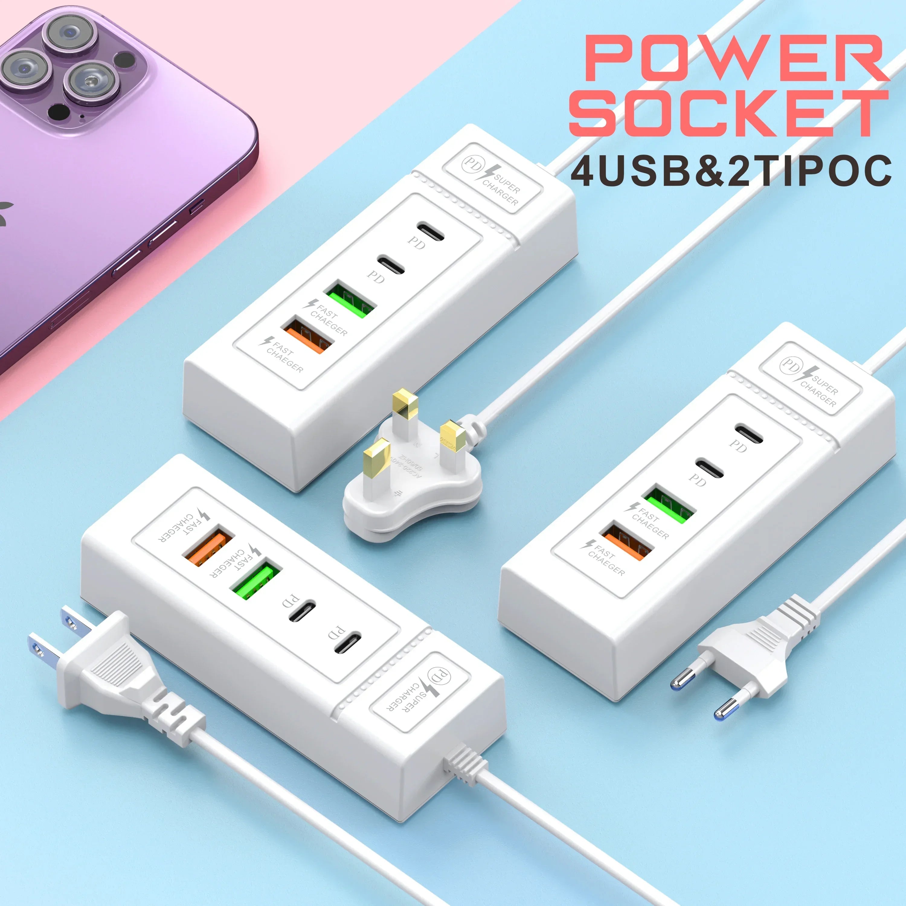 1-USB Power Strip Phone Charger Station Splitter 4 Port USB Type C Fast Charger Phone Charging Plug USB US/EU Electrical Sockets