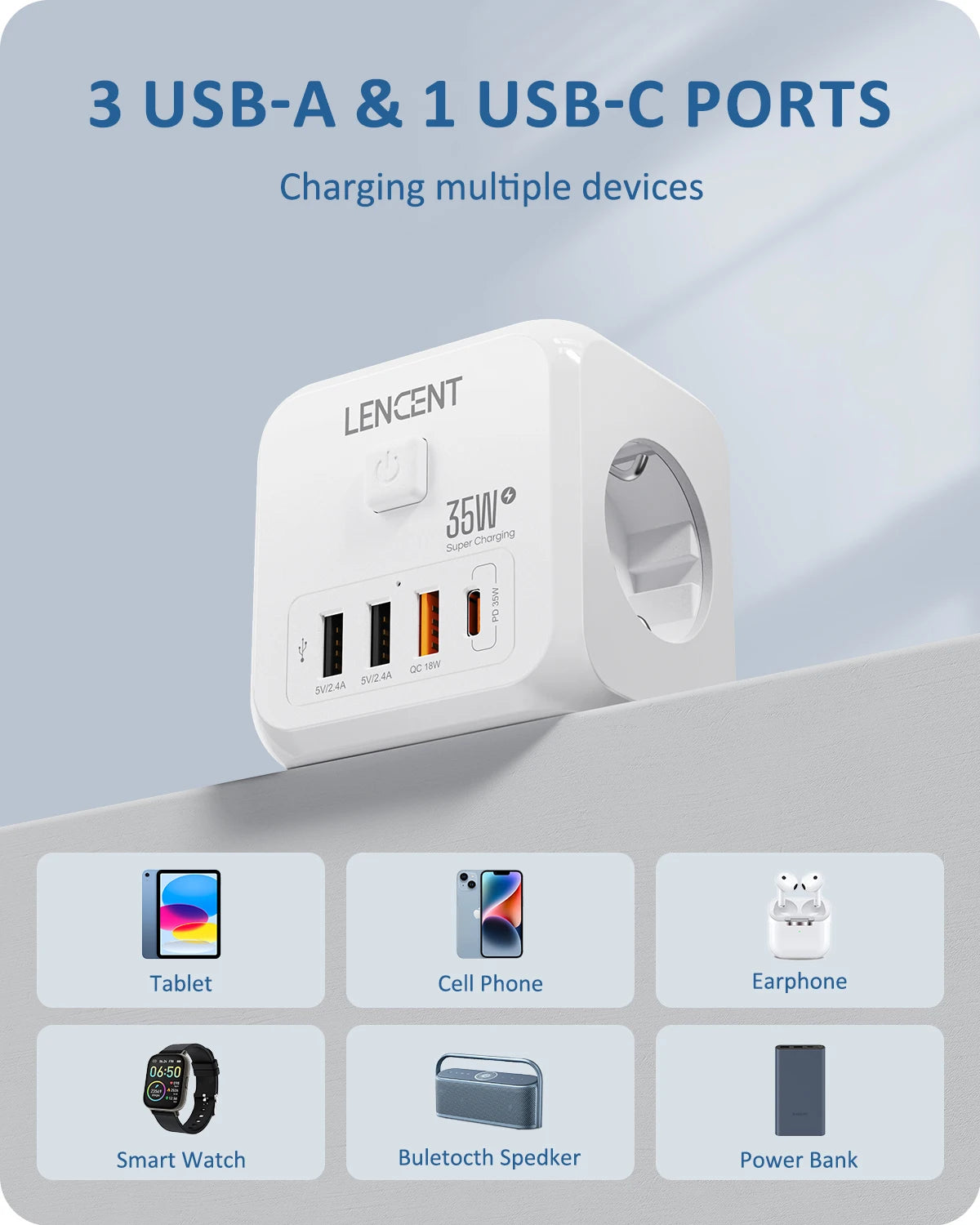 Lencent USB charger with multiple ports on a light gray background