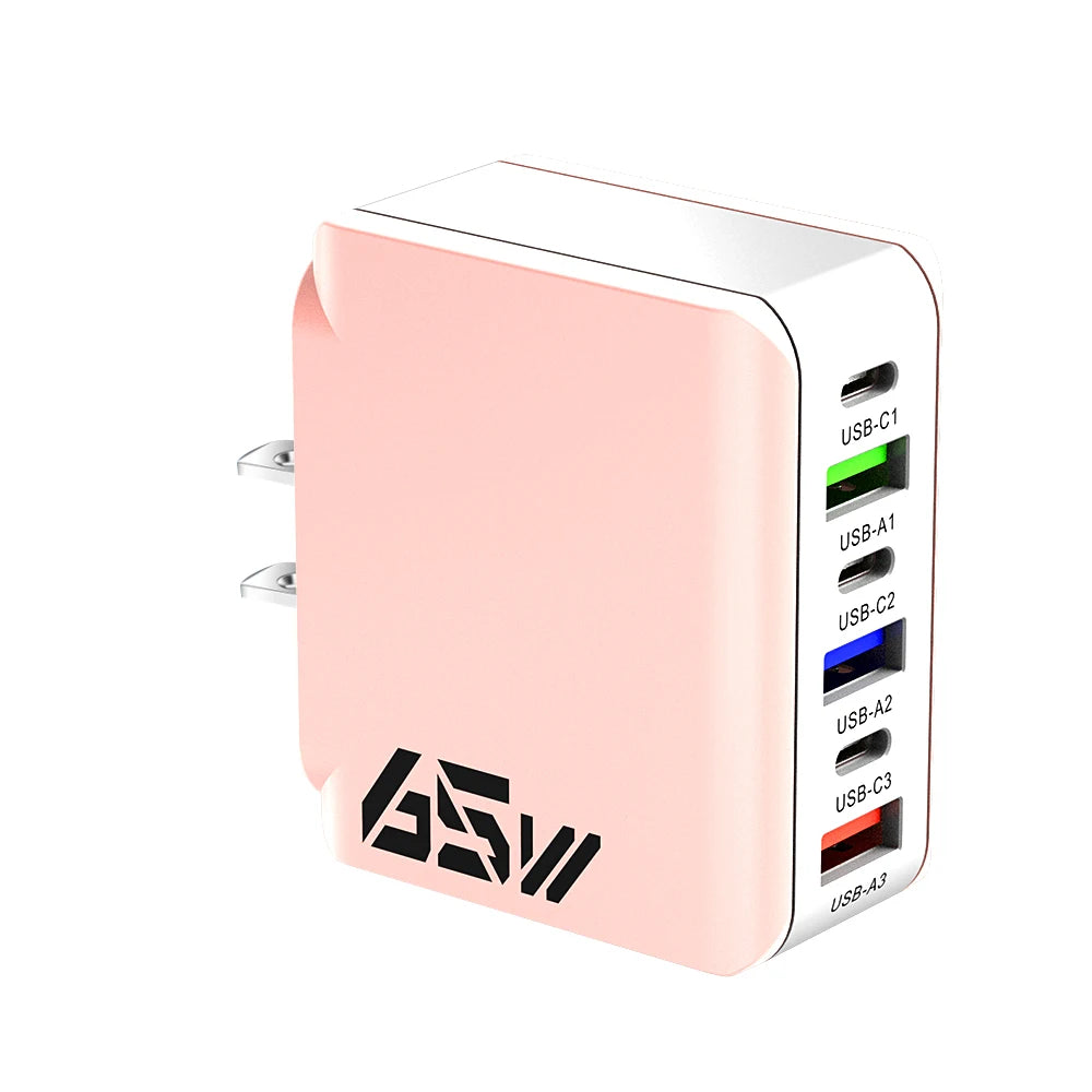 4-65W USB C Wall Charger Fast Charger 6 Ports Quick Charge 3.0 Adapter for iPhone 13 14 15 Xiaomi Samsung Oppo Mobile US/EU Plug