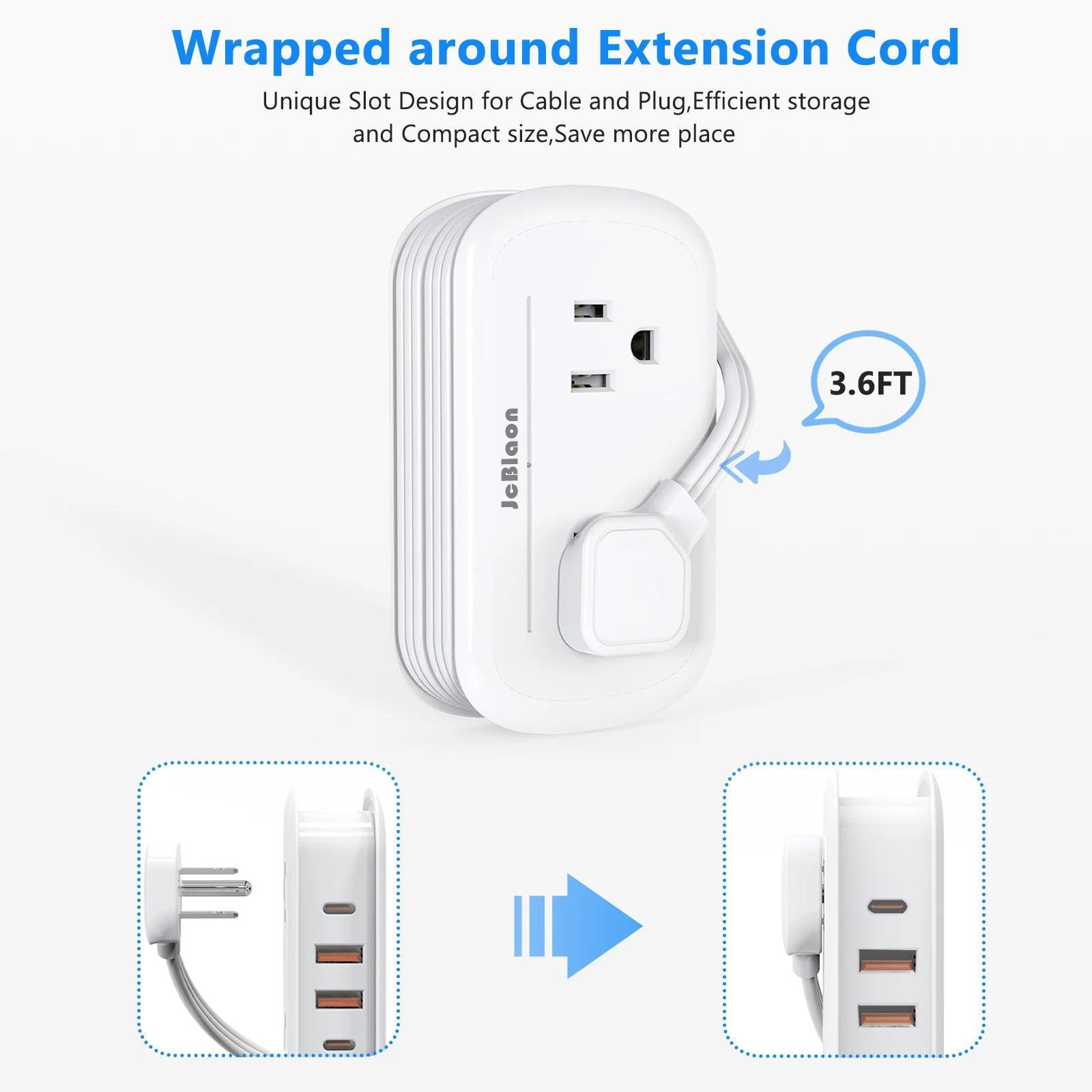 1-8-in-1 Power Strip Multi Tap Universal US Plug with 4 AC Outlets 4 USB Ports(2 Type-C) 3.6FT Extension Cord, Small and Portable