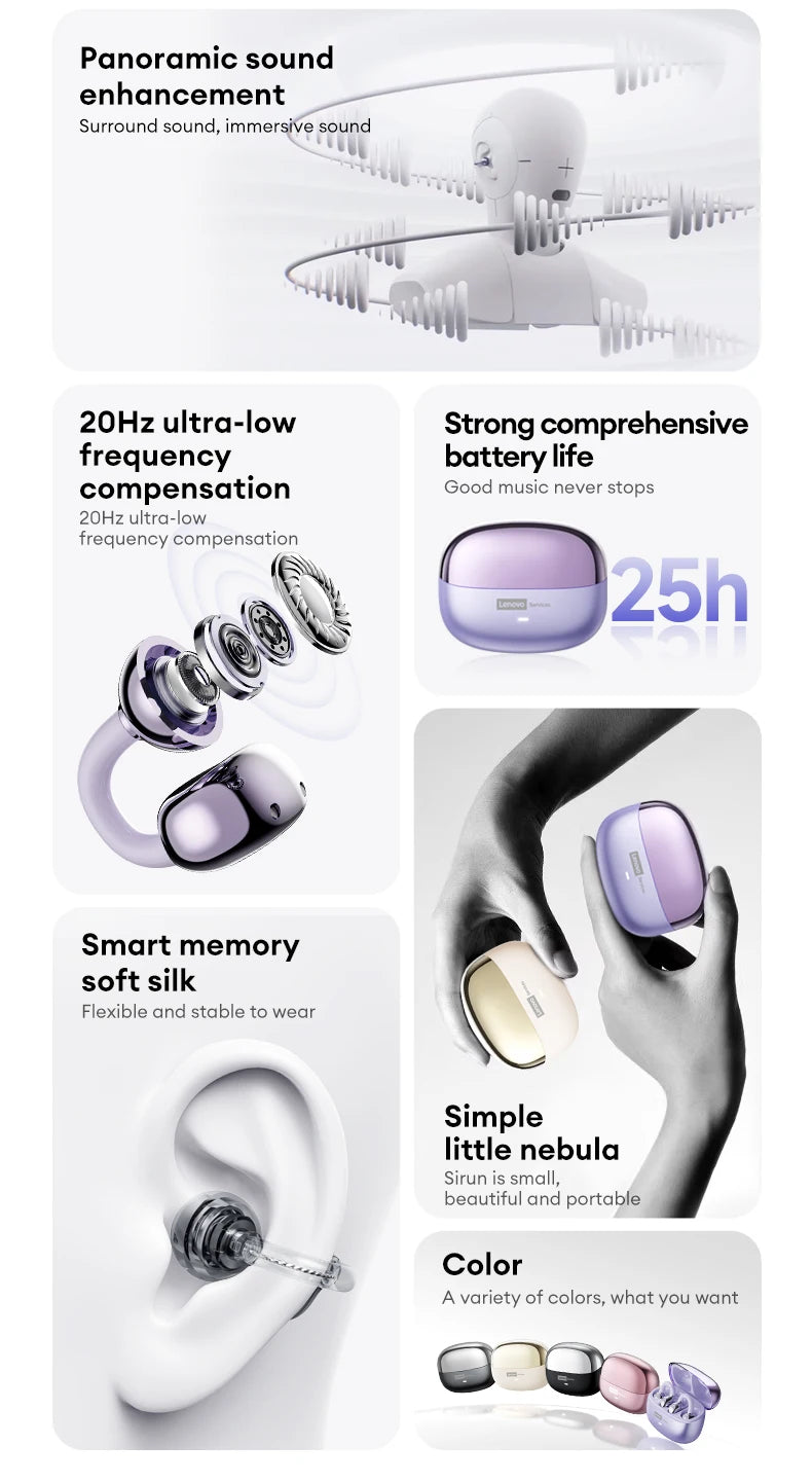 Original Lenovo LE302 Wireless Headphones Ear Clip Bluetooth 6.0 Earphones HIFI Stereo Music Call Game Noise Cancelling Earbuds