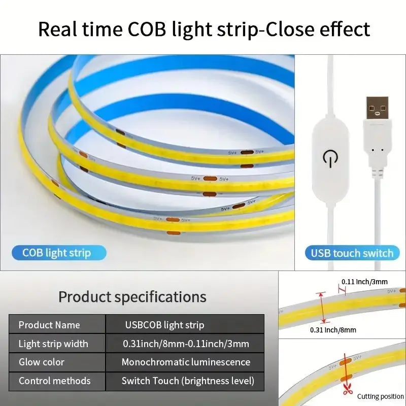 LED COB Strip with Touch Dimmer (5 V USB, Flexible)