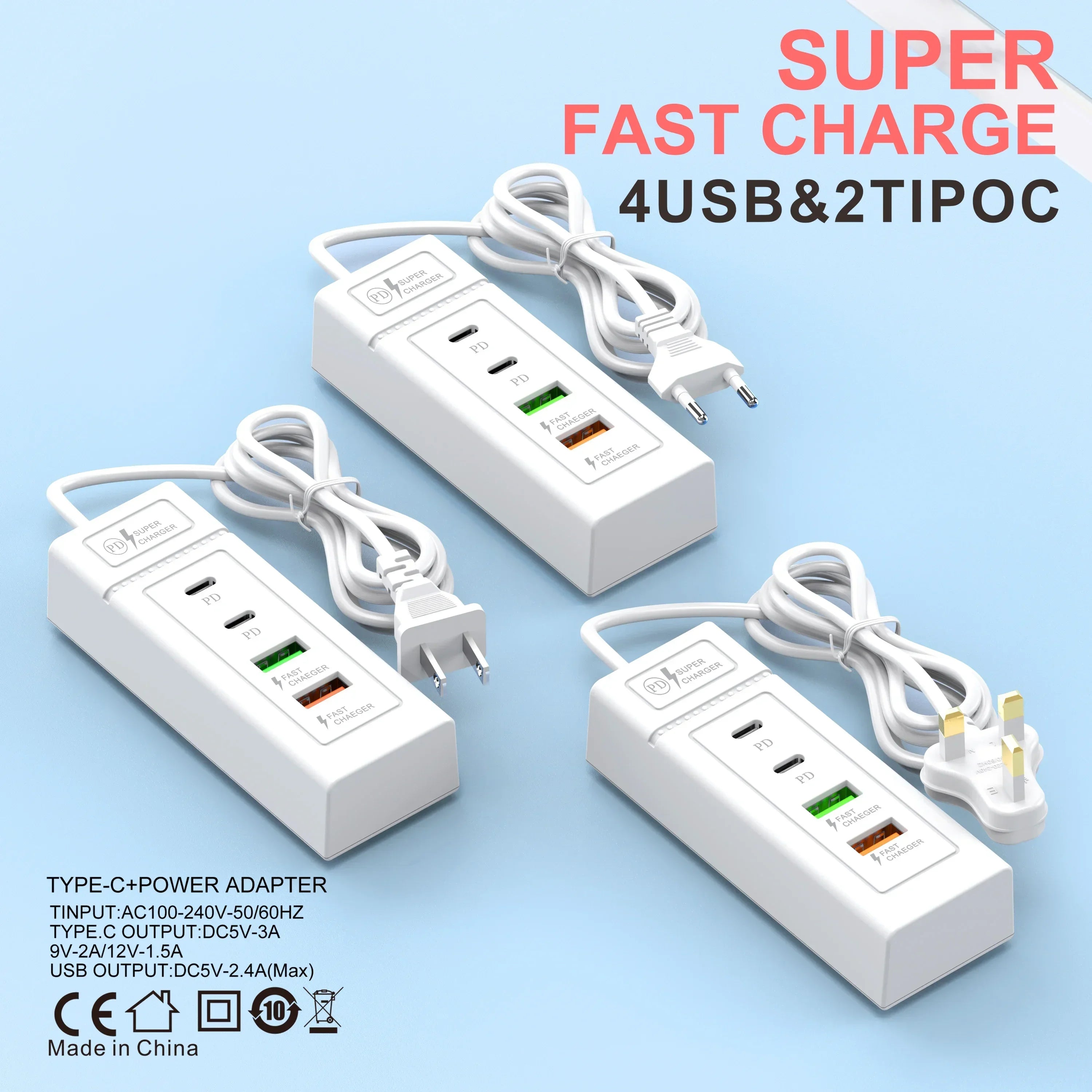 1-USB Power Strip Phone Charger Station Splitter 4 Port USB Type C Fast Charger Phone Charging Plug USB US/EU Electrical Sockets