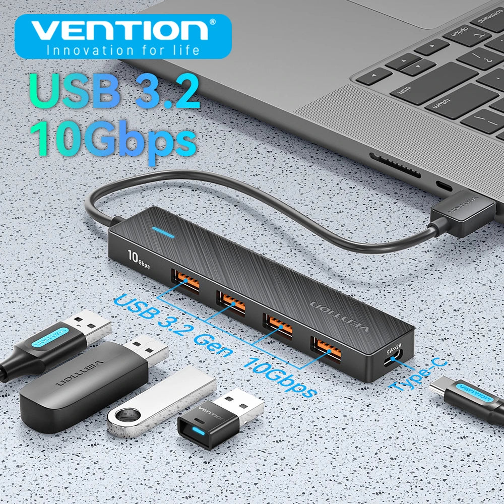 4-Vention New USB 3.2 Gen2 HUB 5 Ports Splitter 10Gbps USB A Type C HUB Multiport Adapter Laptop Expansion Desktop PC Accessories