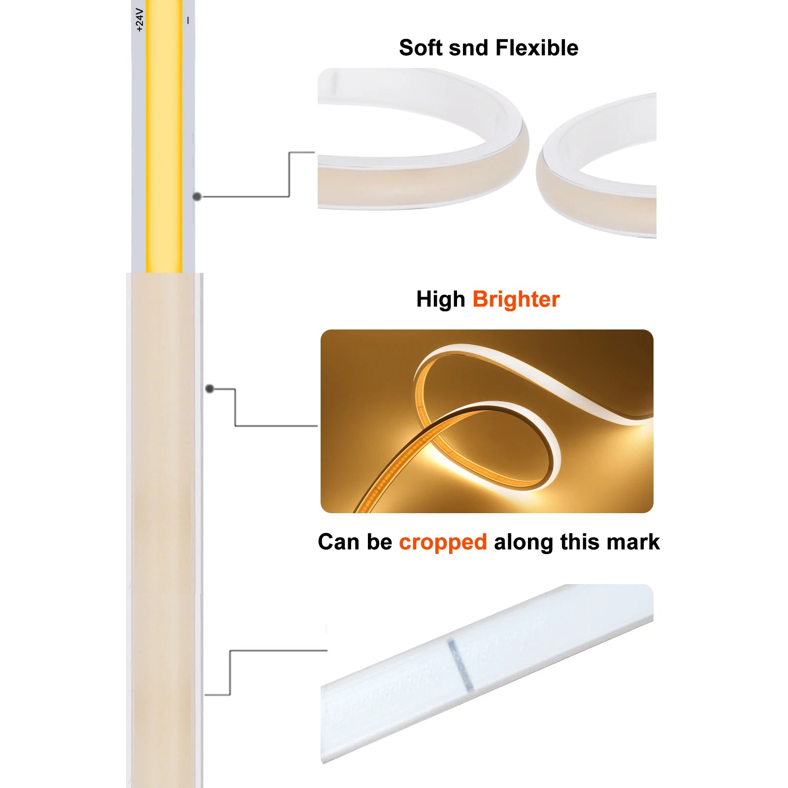 Waterproof COB LED Strip Light (12V/24V, IP65-IP67)