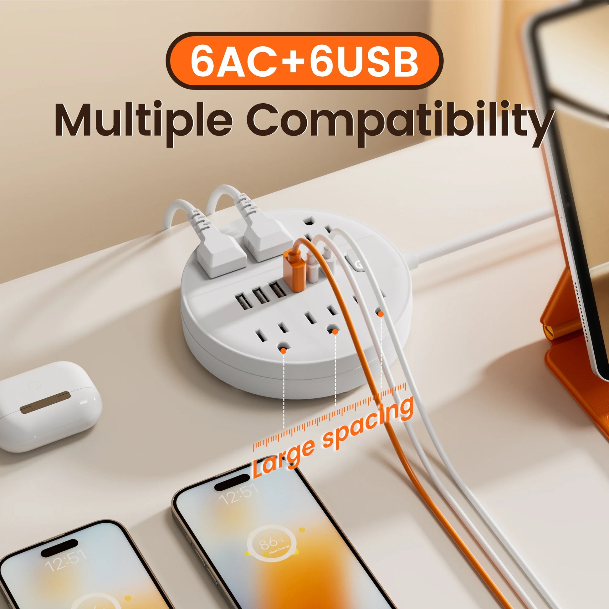 US Power Strip with 6 AC Outlets & 6 USB (2× USB‑C) – Surge Protected, 5 ft/10 ft Cord Options