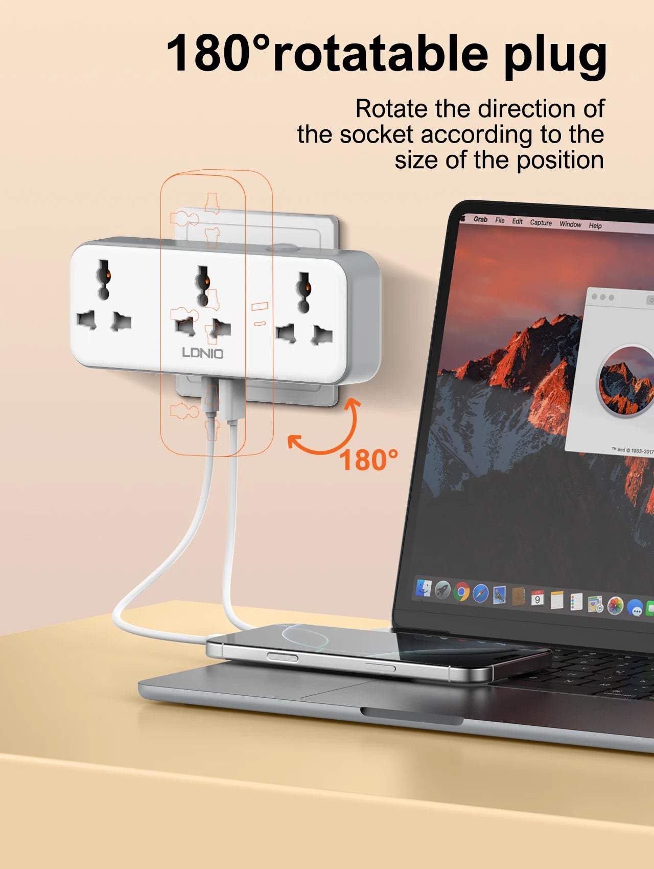 US UK EU Plug Outlet 3 Sockets Multitap Wall Power Strip Electrical Socket USB A  USB C Port No Extension Cord  Rotatable Plug
