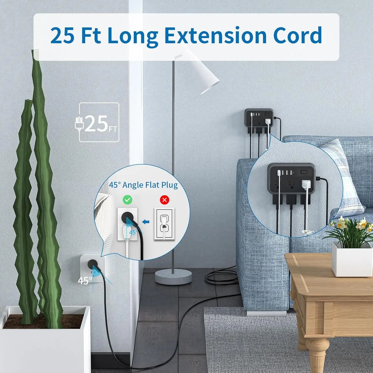6-Outlet Power Strip with 4 USB Ports 15.5W Fast Charge & 15FT Extension Cord Surge Protector & Network Filter US Plug 100-240V
