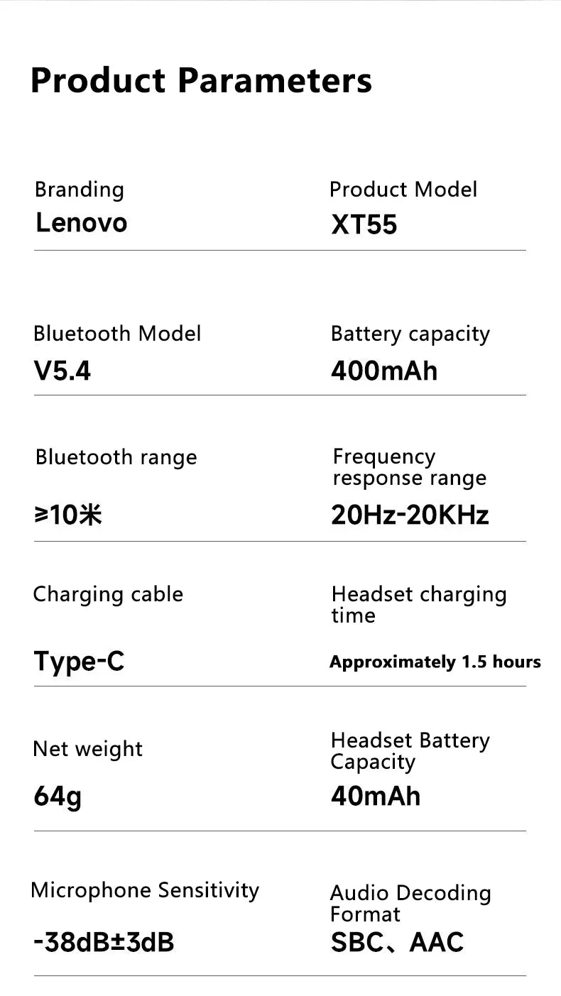 Lenovo XT55 Original Wireless Headphones OWS 5.4 Bluetooth Earphone HIFI Stereo Music Call Game Earbuds Sport Waterproof Headset