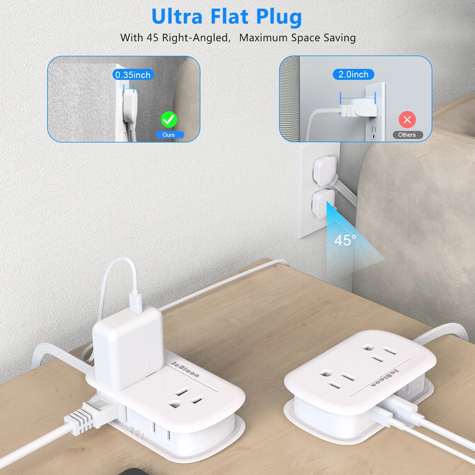 1-8-in-1 Power Strip Multi Tap Universal US Plug with 4 AC Outlets 4 USB Ports(2 Type-C) 3.6FT Extension Cord, Small and Portable
