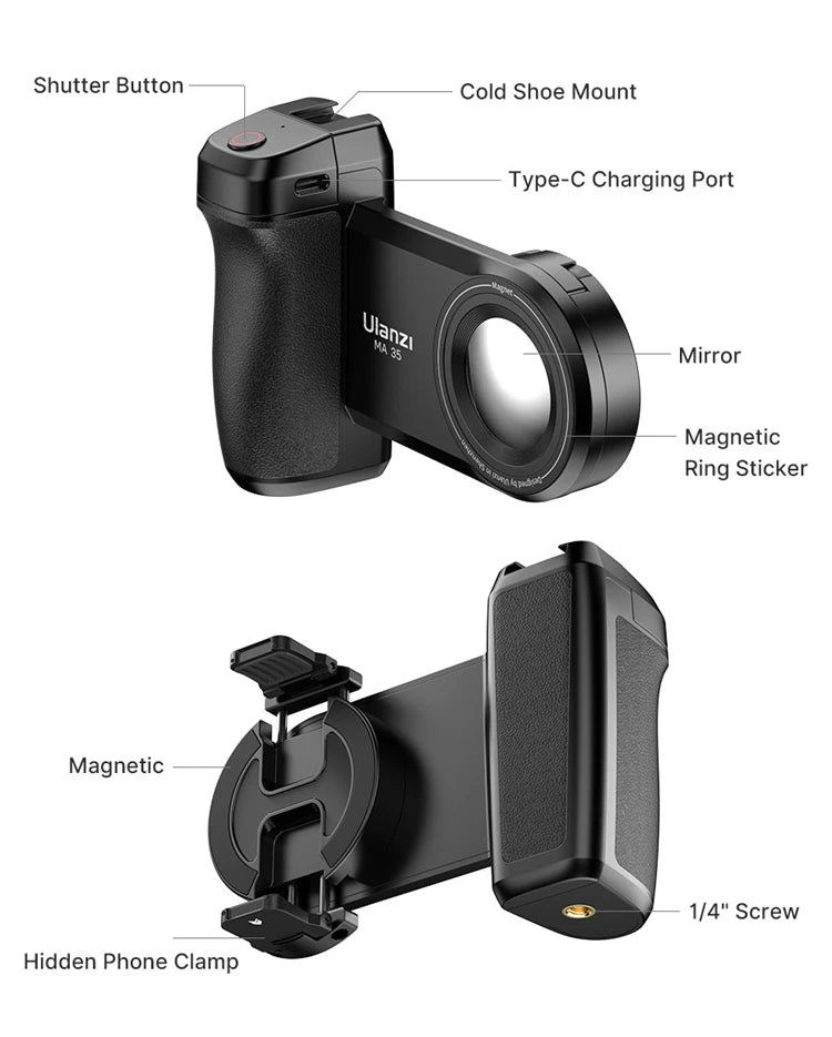 Ulanzi MA35 Selfie HandGrip Booster Bluetooth Shutter for iPhone 16 15 Android phone Photo Stabilizer Cold Shoe 1/4" Screw Mount