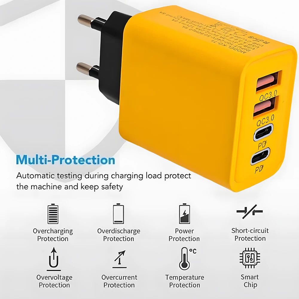4‑Port USB‑C PD & QC 3.0 Wall Charger – Fast Charging Adapter for iPhone, Samsung