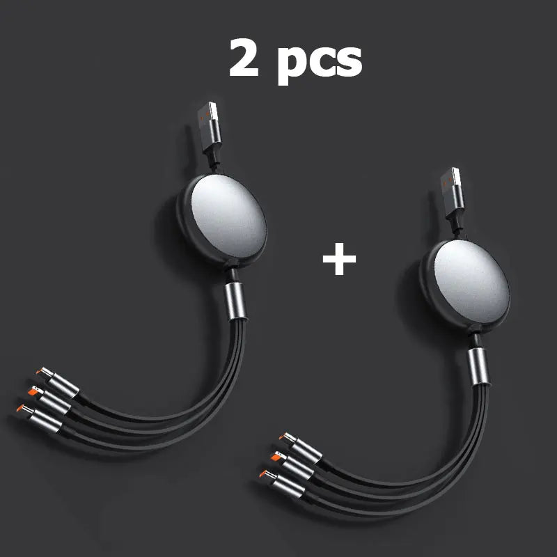 1-3-in-1 Retractable 100W 6A Fast Charging USB To Type-C Micro Fast Charger Cable For iPhone Samsung Xiaomi Huawei 1.2M Cables