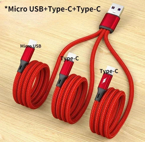 3 in 1 USB Charge Cable 3 Type-C 3 Micro USB Spliter Cord Fast Charging 5A For Mobile Phone Power Bank Charging Together 1.2m