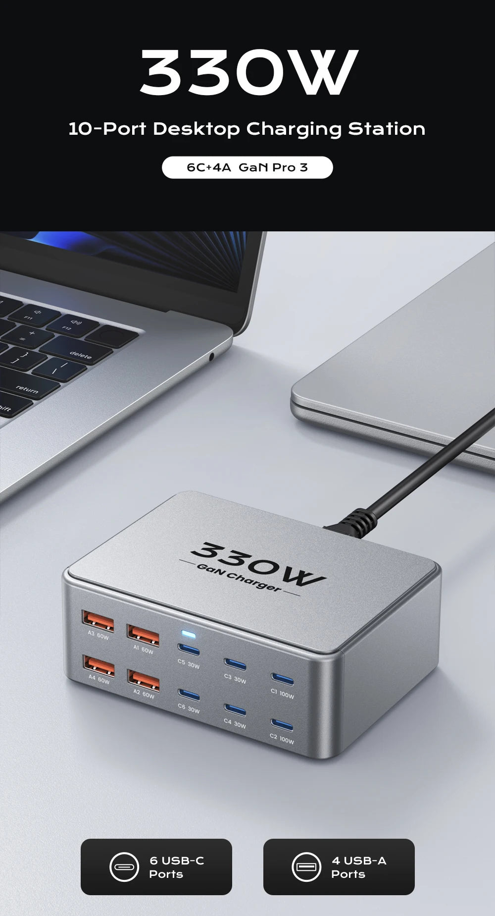 1-330W USB C GaN Charger 100W PD3.0 PPS QC3.0 Multiport Fast Charging Station For Laptop iPhone 15 16 Samsung Macbook Pro Tablet