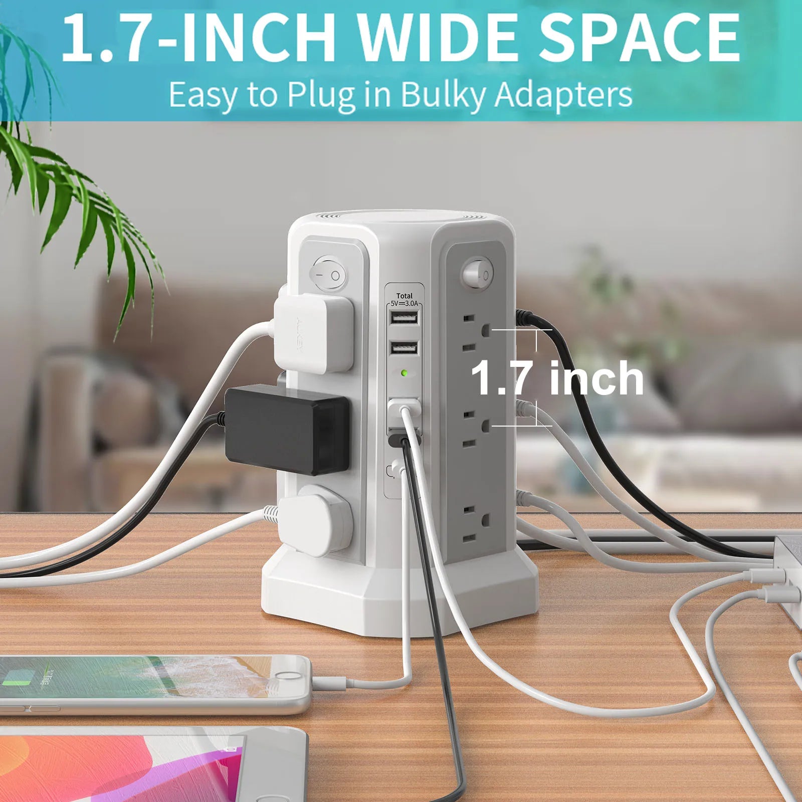 10FT Extension Cord with 12 AC Outlets 5 USB Charging Ports(1 USB C PD18W) PASSUS Surge Protector Power Strip Tower