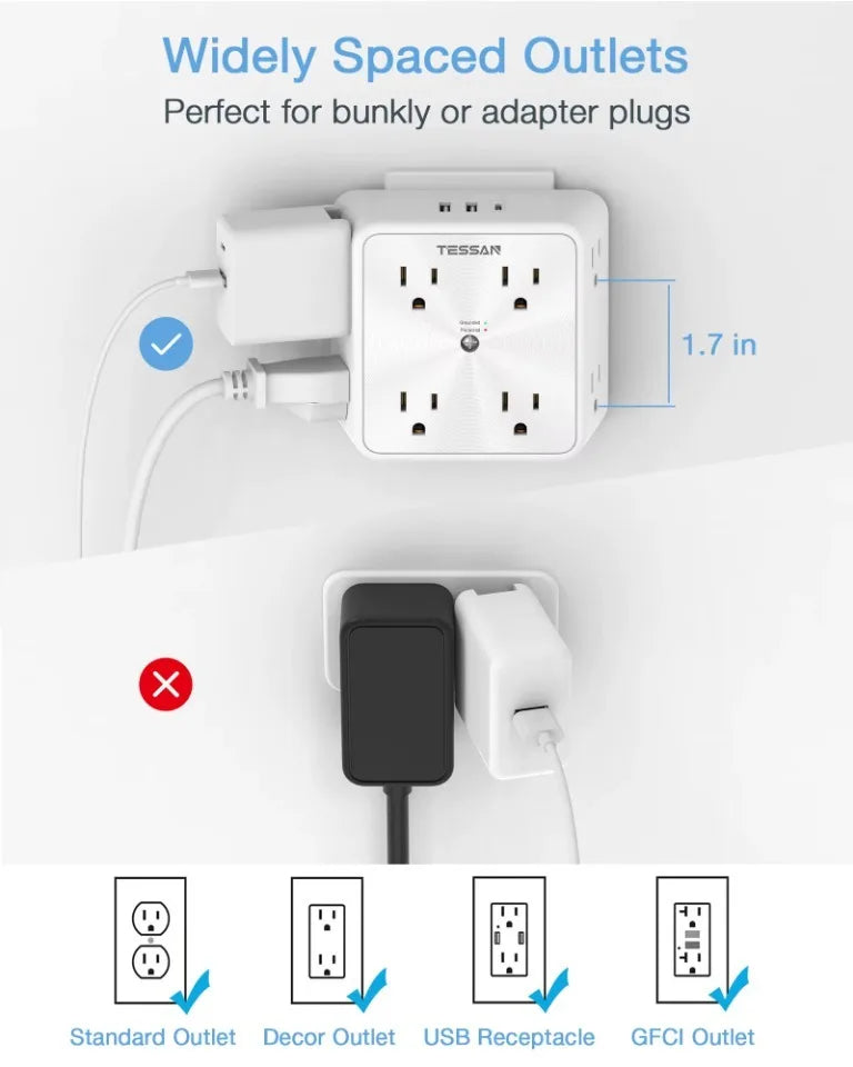 1-TESSAN Surge Protector Wall Strip with 8 AC Outlets 2 USB A and 1 USB C Surge Protector Multi Outlet Extender for Home Office