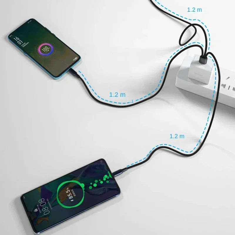 3 in 1 USB Charge Cable 3 Type-C 3 Micro USB Spliter Cord Fast Charging 5A For Mobile Phone Power Bank Charging Together 1.2m