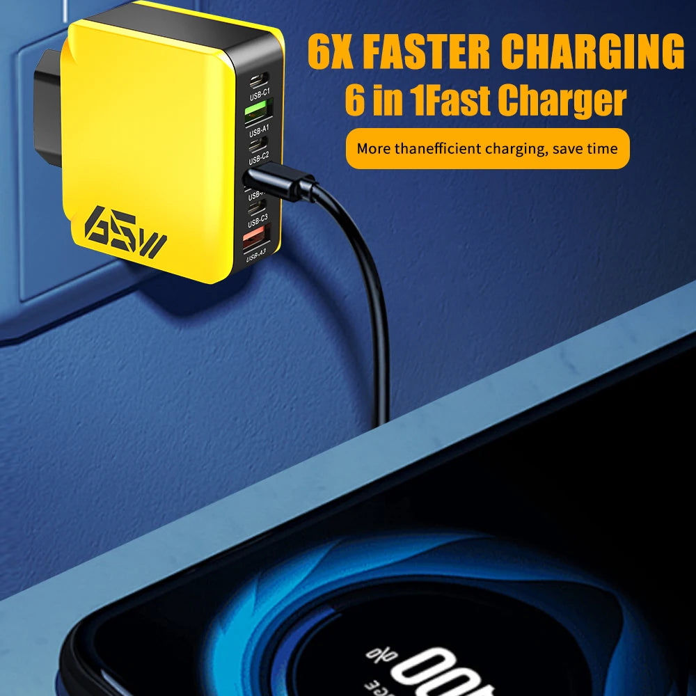 65W USB C Wall Charger Fast Charger 6 Ports Quick Charge 3.0 Adapter for iPhone 13 14 15 Xiaomi Samsung Oppo Mobile US/EU Plug