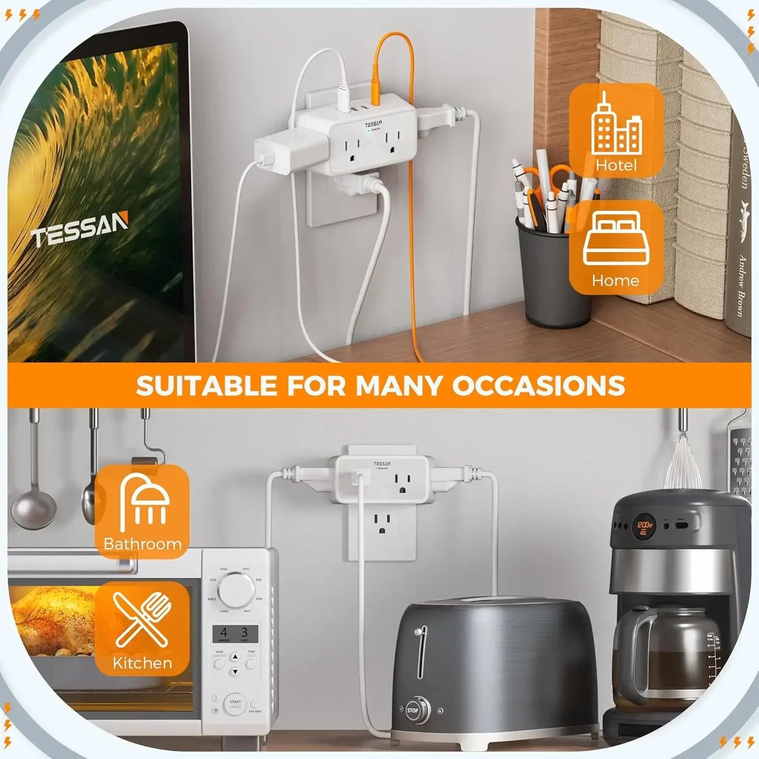 TESSAN 8-in-1 multi plug outlet splitter with  AC outlets and  USB ports, white