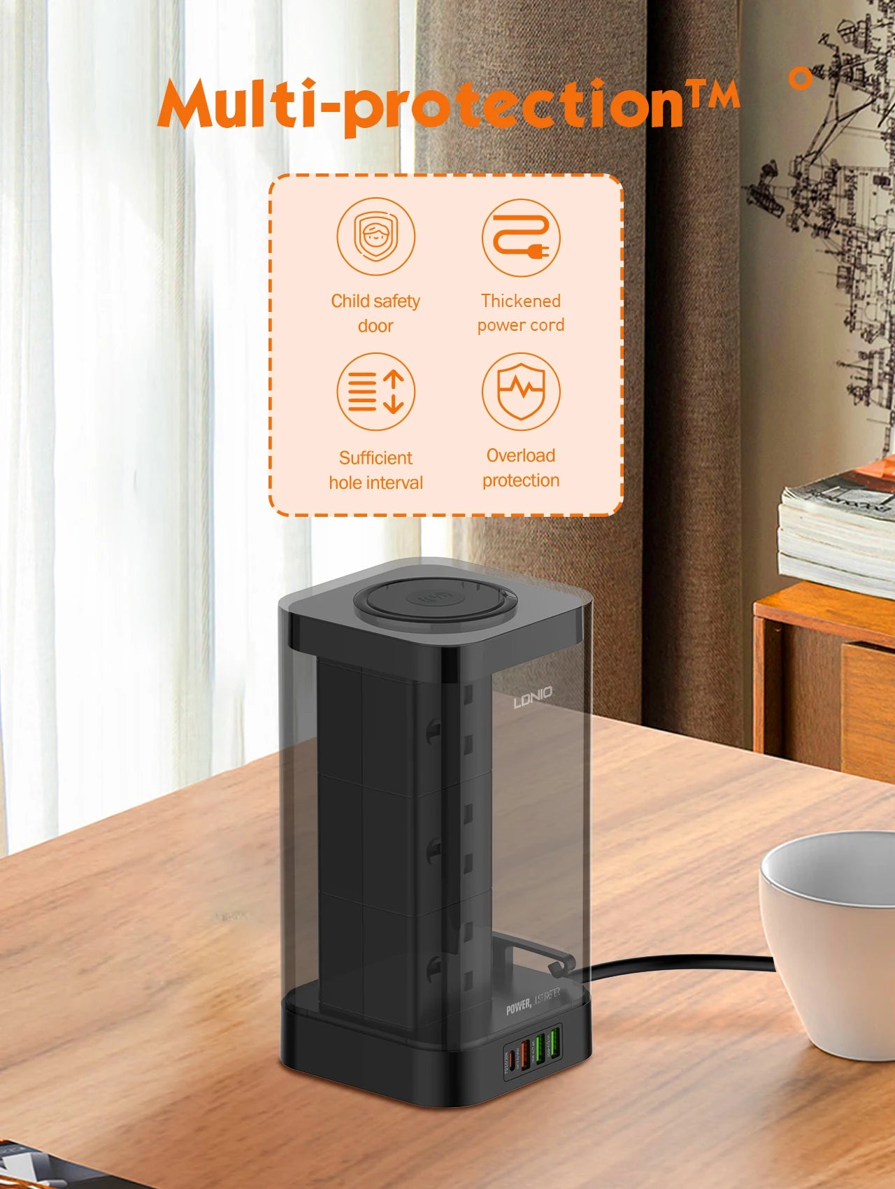 1-LDNIO Tower Power Strip with 6 Outlets +4 USB Ports + WIRELESS CHARGER 2M Power Cord, UK Plug Vertical Electric Socket for Home