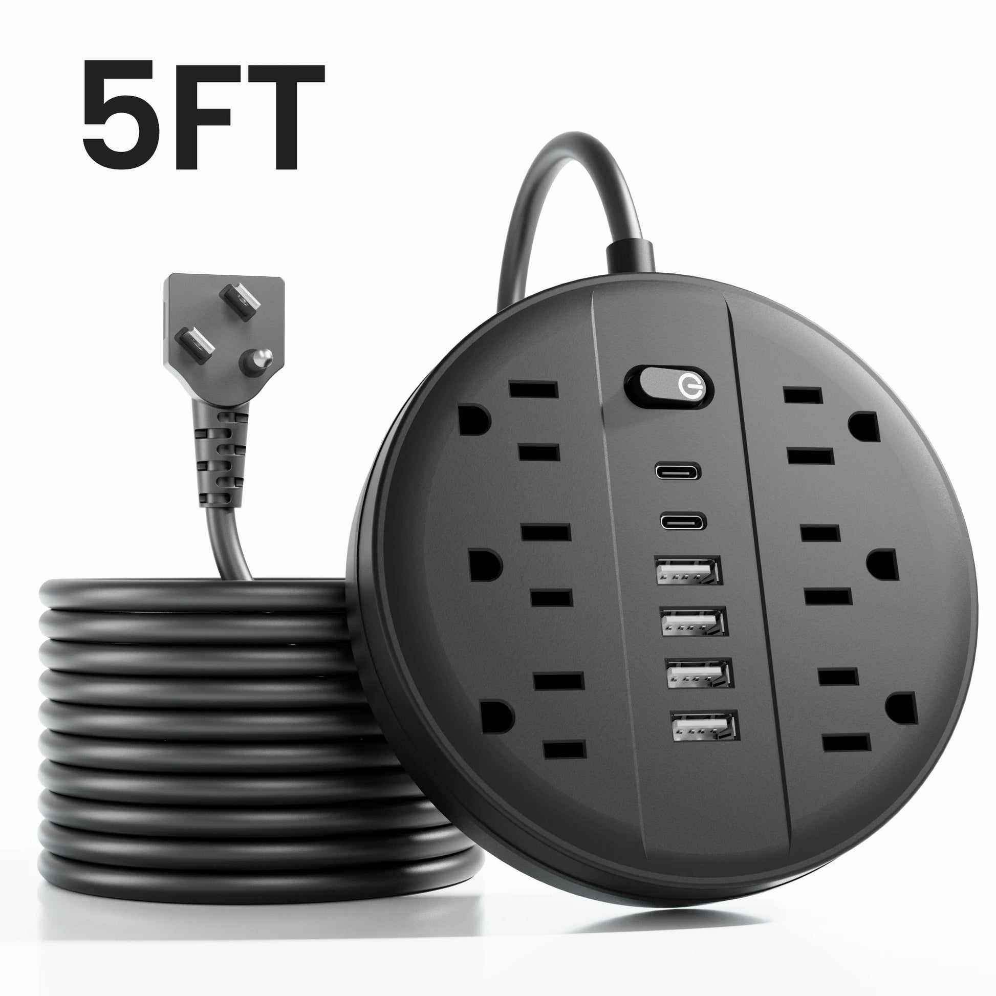 US Power Strip with 6 AC Outlets & 6 USB (2× USB‑C) – Surge Protected, 5 ft/10 ft Cord Options