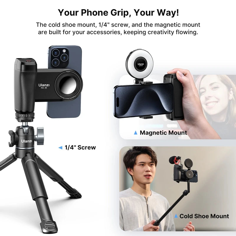Ulanzi MA35 Selfie HandGrip Booster Bluetooth Shutter for iPhone 16 15 Android phone Photo Stabilizer Cold Shoe 1/4" Screw Mount
