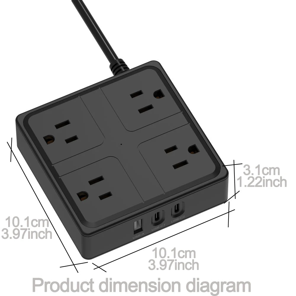 1-Smart US Power Strip with USB-C – 4 AC Outlets, 3 USB Ports, 1.2m Cord, 1250W