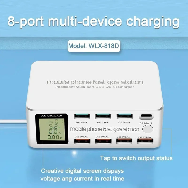 4-1080W Multi Ports USB Type C PD Fast Charger LED Display Quick Charge QC3.0 Desktop Charging Station for MacBook Samsung iPhone