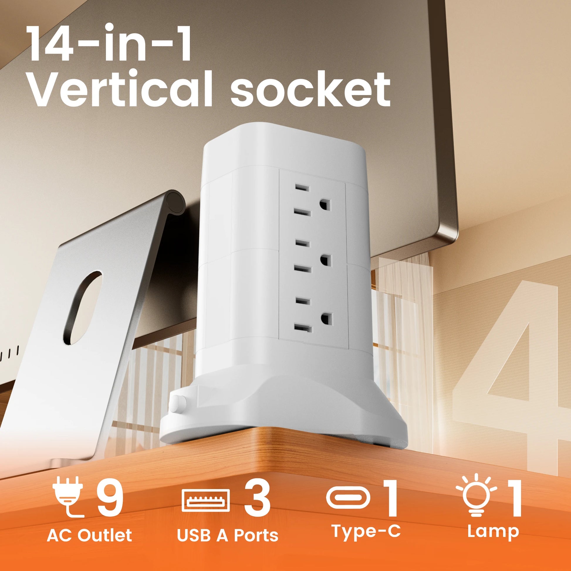 10Ft Extension Cord With 13 Outlets Surge Protector Power Strip Tower With 4 USB (3 USB-A & 1 USB-C) 3 Color Temps Night Lights