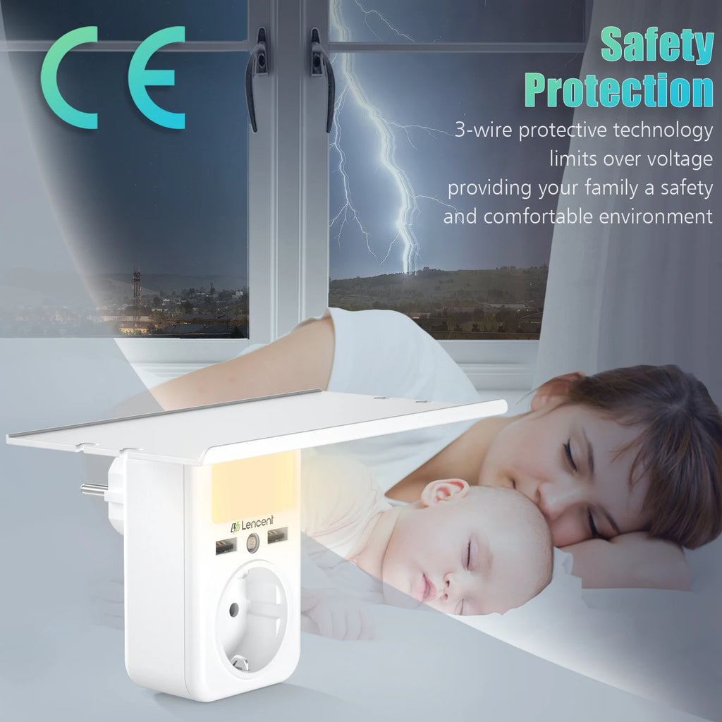 LENCENT EU Plug Wall Socket with 1 AC Outlet 2USB Ports Wall Charger Adapter with Rack Adjustable Nigh Light for Home/Office