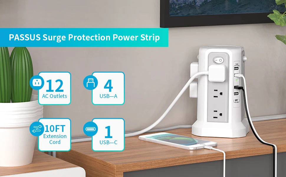 10FT Extension Cord with 12 AC Outlets 5 USB Charging Ports(1 USB C PD18W) PASSUS Surge Protector Power Strip Tower