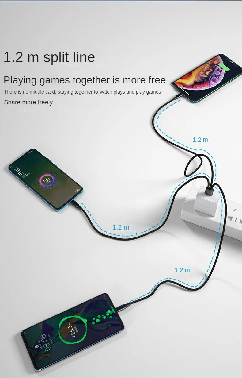 3 in 1 USB Charge Cable 3 Type-C 3 Micro USB Spliter Cord Fast Charging 5A For Mobile Phone Power Bank Charging Together 1.2m