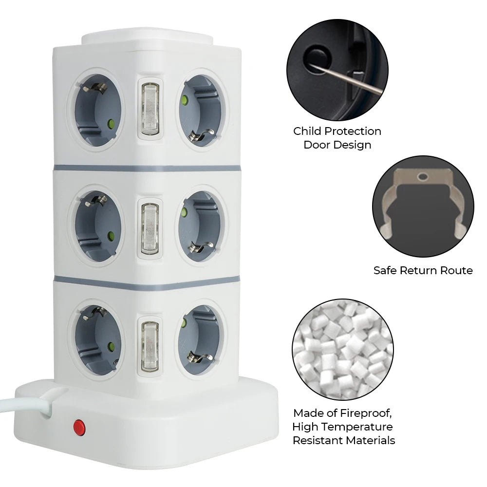 1-Tower 12 Way Outlets Socket Multi Power Strip Vertical 2.8m Extension Cord EU Plug with 4 USB Overload Protector Switch 220V 10A