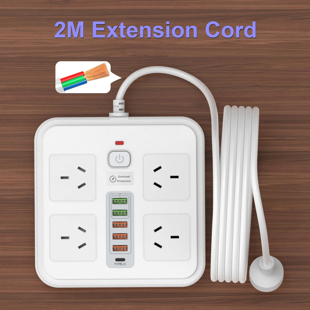 AU Plug Power Board:  AC Outlets,  USB-A,  USB-C, Overload Protection