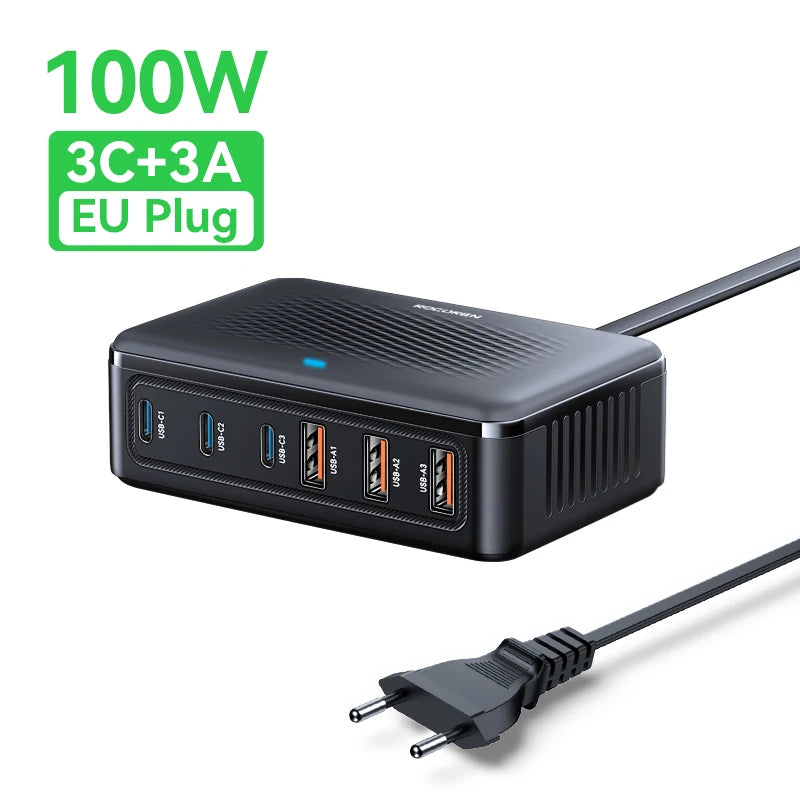 Rocoren USB Charger 100W GaN Charger 6-ports Desktop Fast Charging Type C Charger Portable Power Station For iPhone Xiaomi POCO