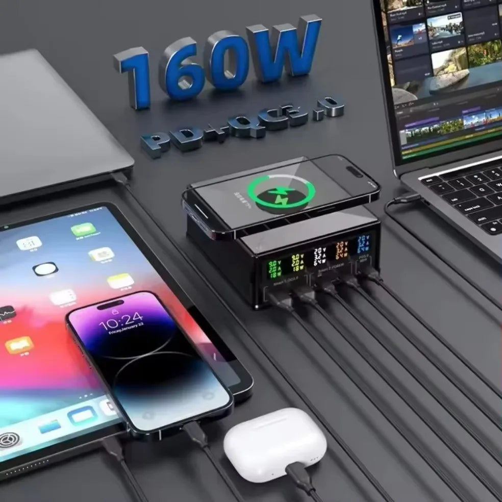 1-160W USB C GaN Charger Wireless Charger PPS PD 65W 100W Desktop Fast Charging Station Power for MacBook Tablet iPhone 16 Samsung