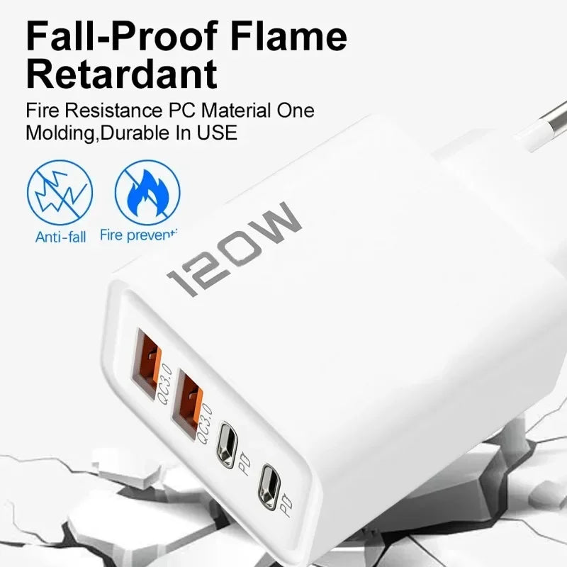 4-120W 4 Port USB Type C Charger Fast Charging Data Cable USB Phone Charger Adapter for Samsung IPhone Xiaomi Huawei Wall Charger