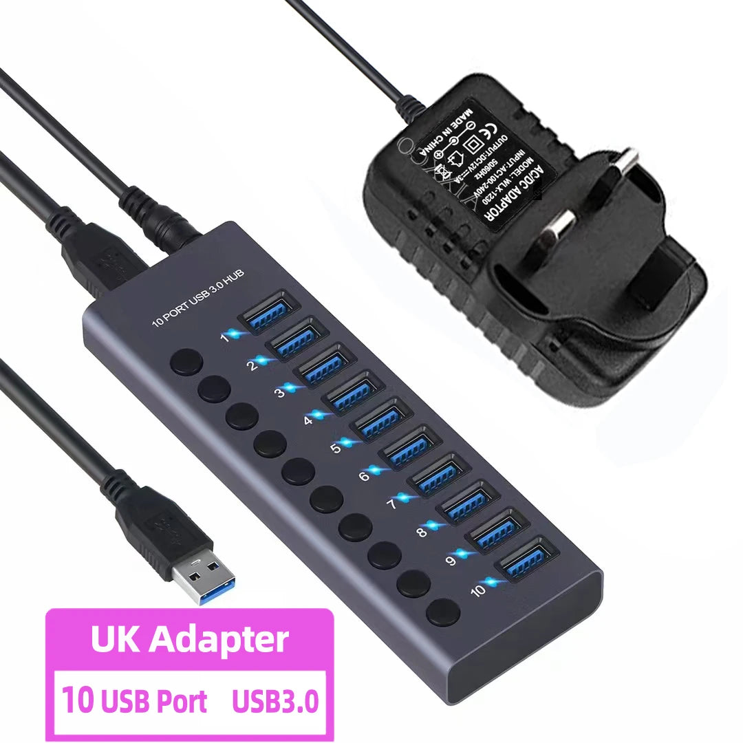 4-AIXXCO 10 Ports USB3.0 Splitter Computer Extender USB HUB 2.4A Fast Charging PD Port External 12V Power Supply