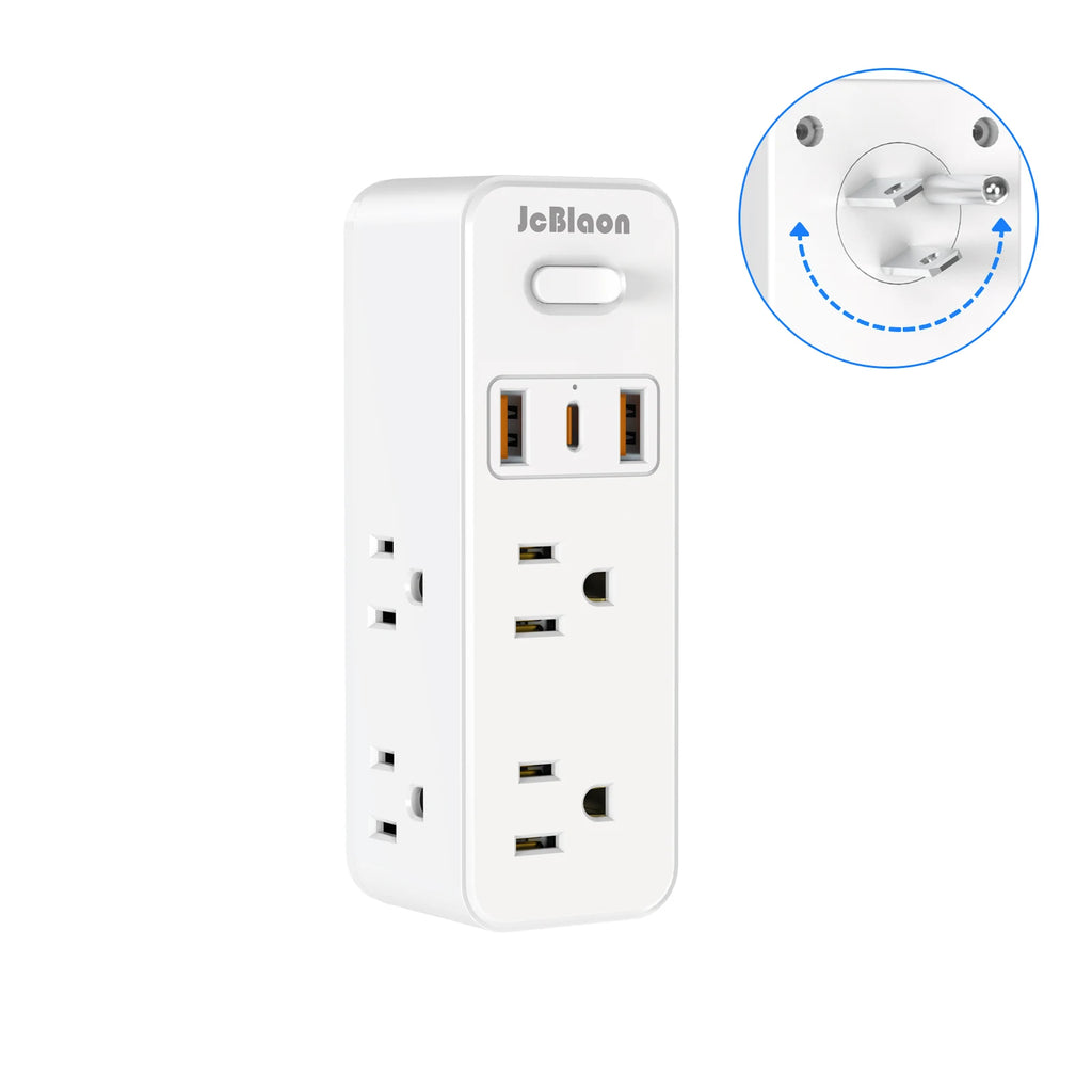 White multi-outlet strip with multiple sockets and USB ports on a white background, featuring the brand 'JcBloon'.