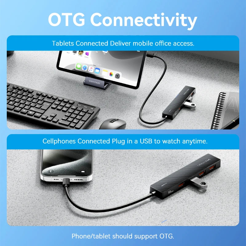 Vention New USB 3.2 Gen2 HUB 5 Ports Splitter 10Gbps USB A Type C HUB Multiport Adapter Laptop Expansion Desktop PC Accessories