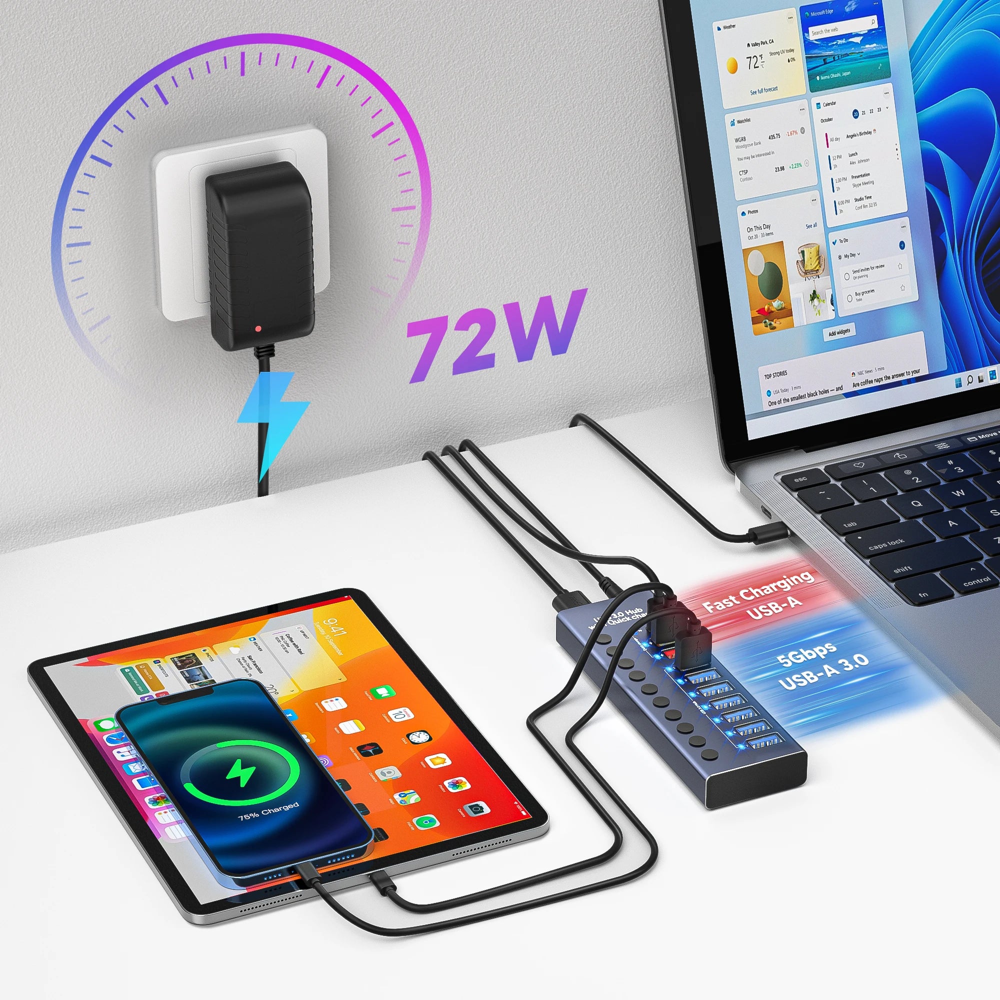 4-AIXXCO 10 Ports USB3.0 Splitter Computer Extender USB HUB 2.4A Fast Charging PD Port External 12V Power Supply