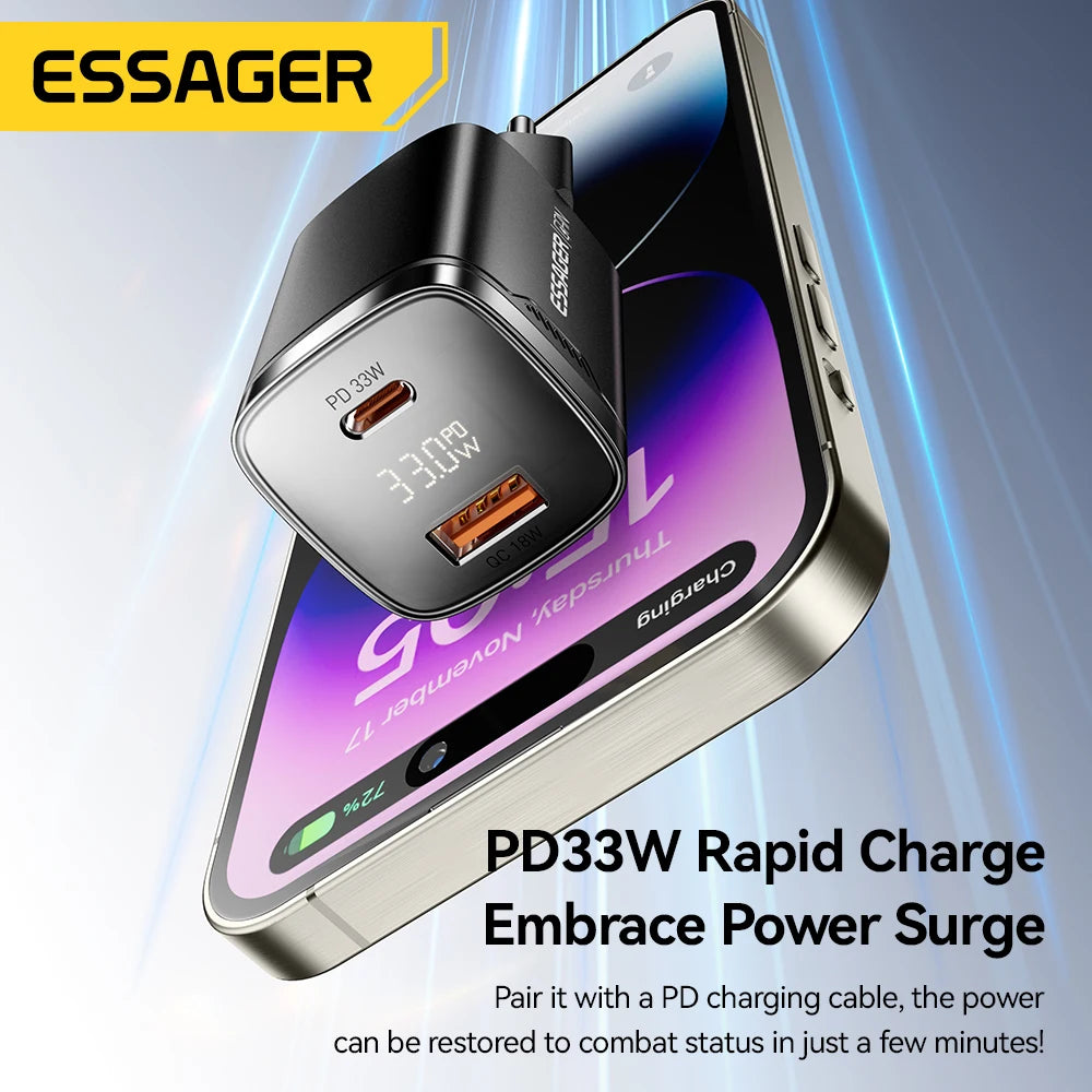 Essager 33W GaN USB Type C Charger Digital Display PD Fast Charging For  iPhone 16 15 14 Pro Max iPad Mini 6 Xiaomi Samsung S22