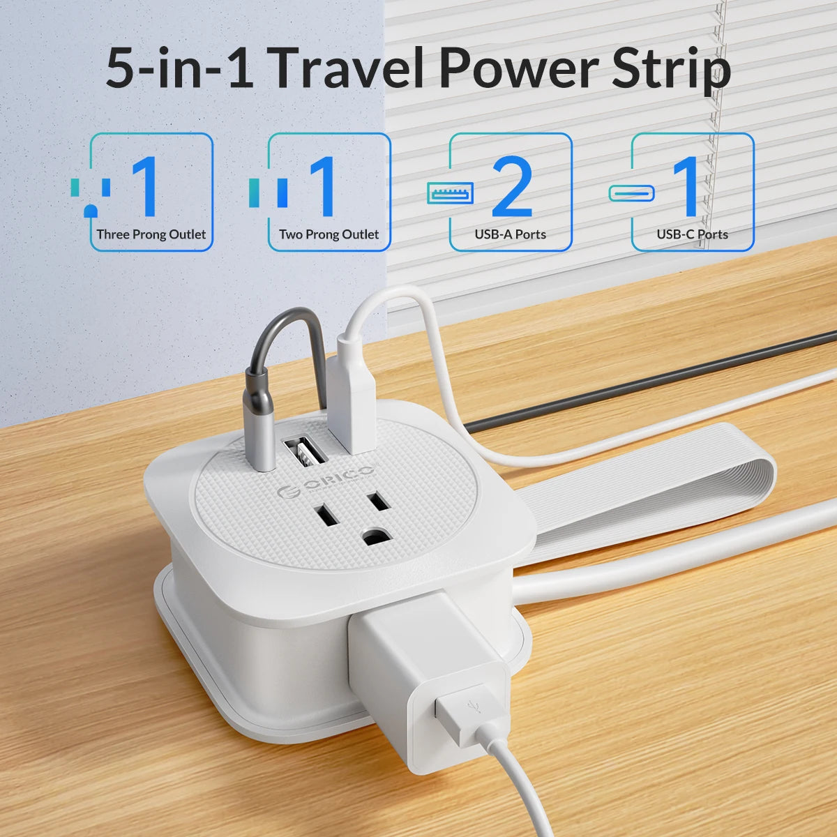 1-ORICO Power Strip 2AC multi USB Portable Socket Strip US plug Travel Extension Cord for fast charging with Type-C USB ports